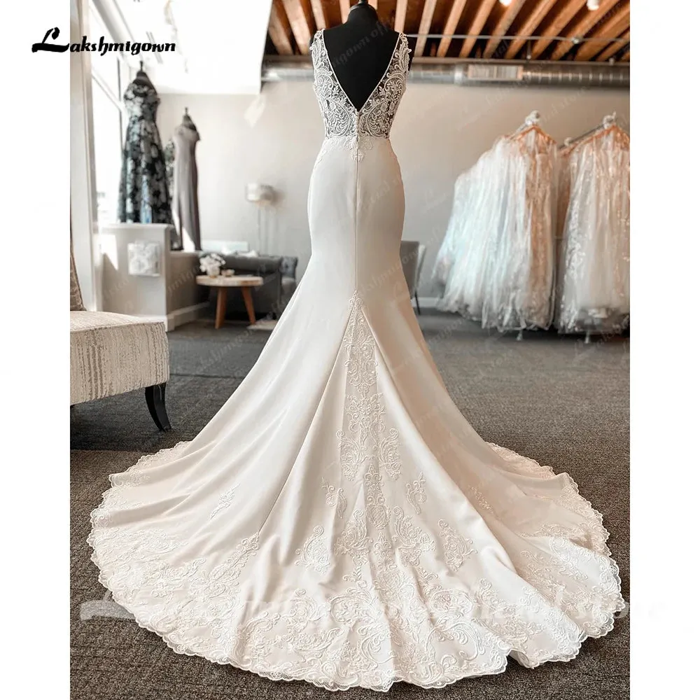 Roycebridal Women Lace Crepe Mermaid Wedding Dresses Robes Off the Shoulder Beach Bridal Gowns Backless trouwjurk