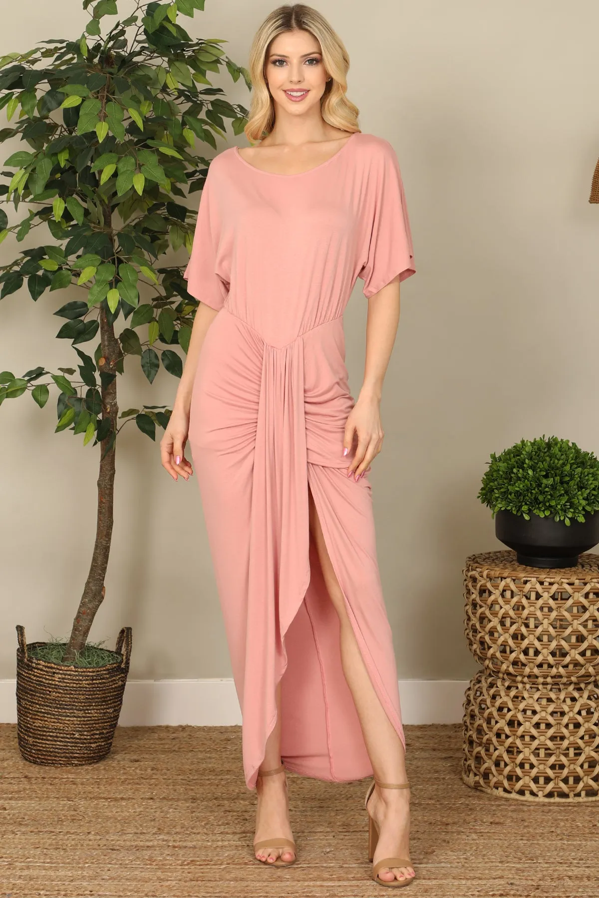 Ruched Wrap Split Hem Half Sleeve Dress