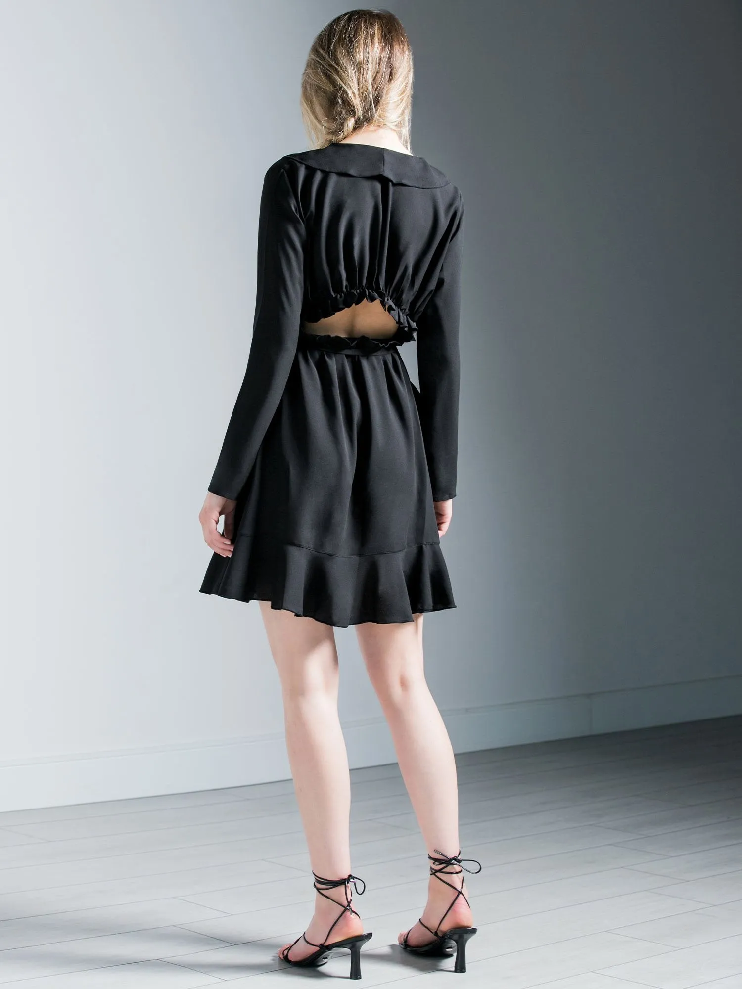 RUFFLED WRAP MINI DRESS, BLACK