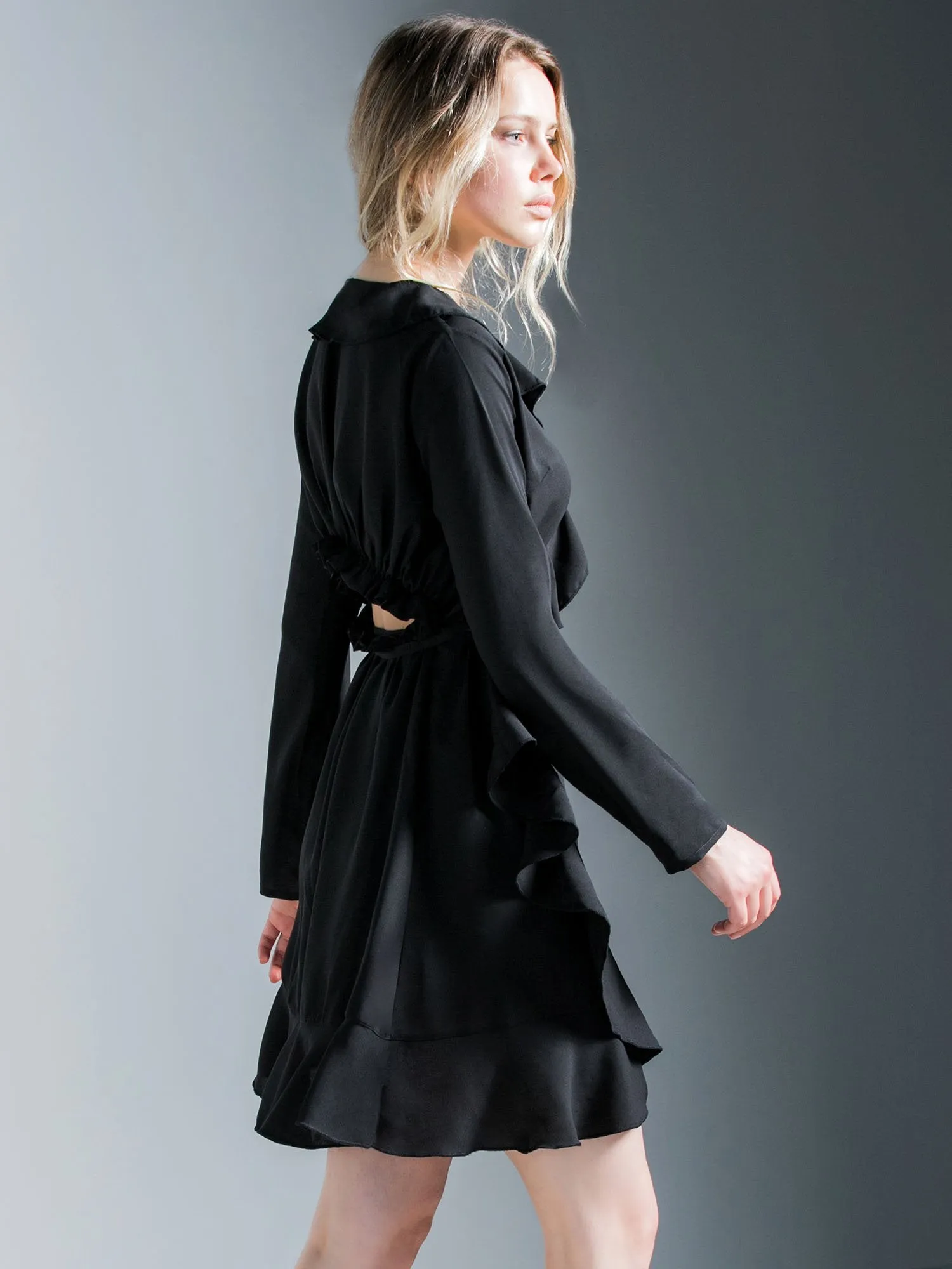 RUFFLED WRAP MINI DRESS, BLACK