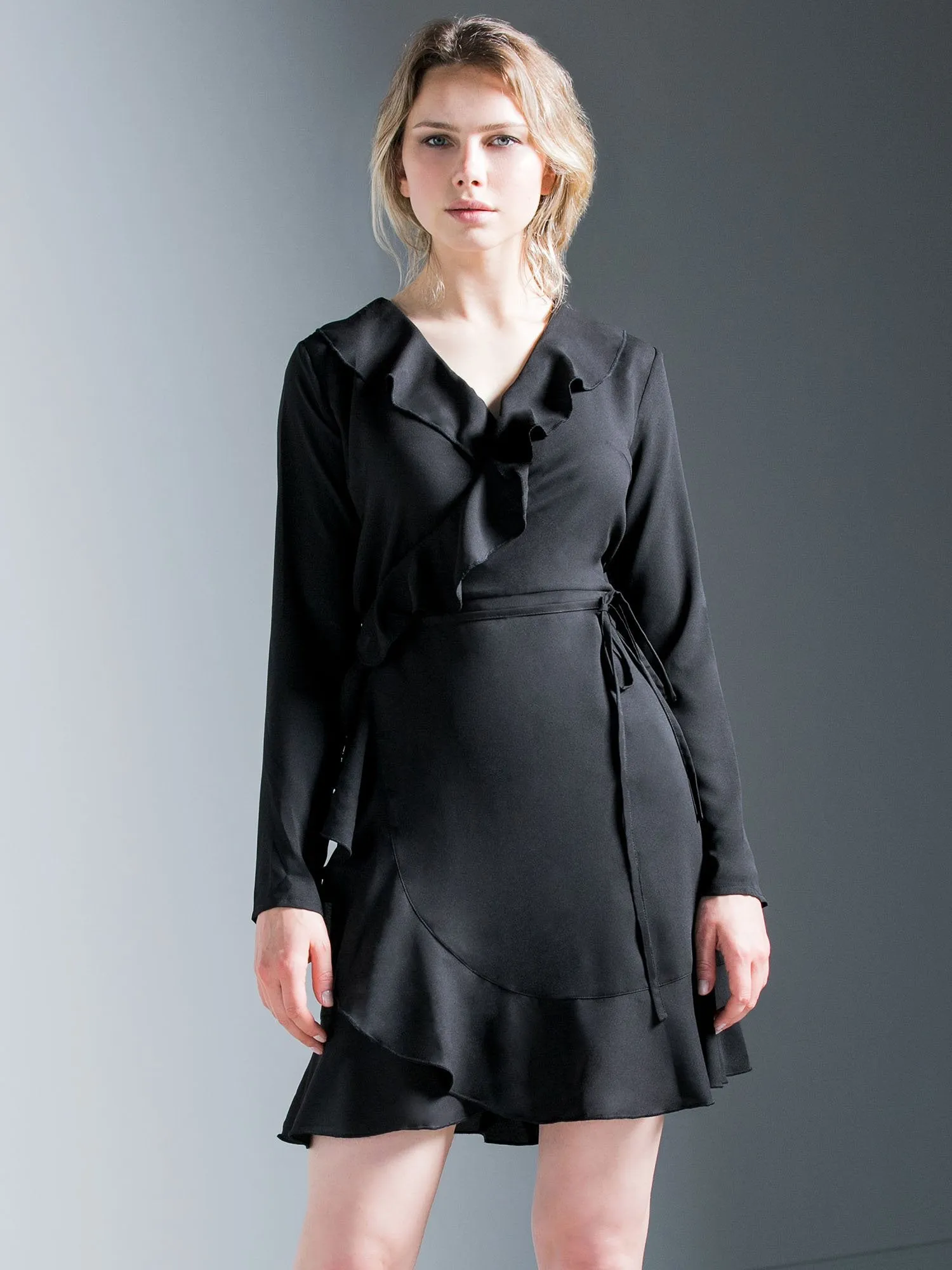 RUFFLED WRAP MINI DRESS, BLACK