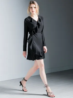 RUFFLED WRAP MINI DRESS, BLACK