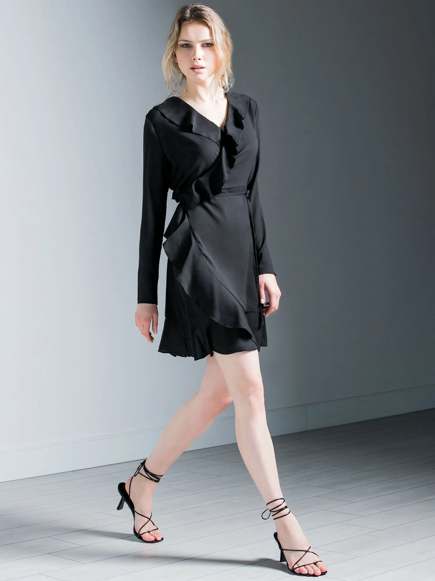 RUFFLED WRAP MINI DRESS, BLACK