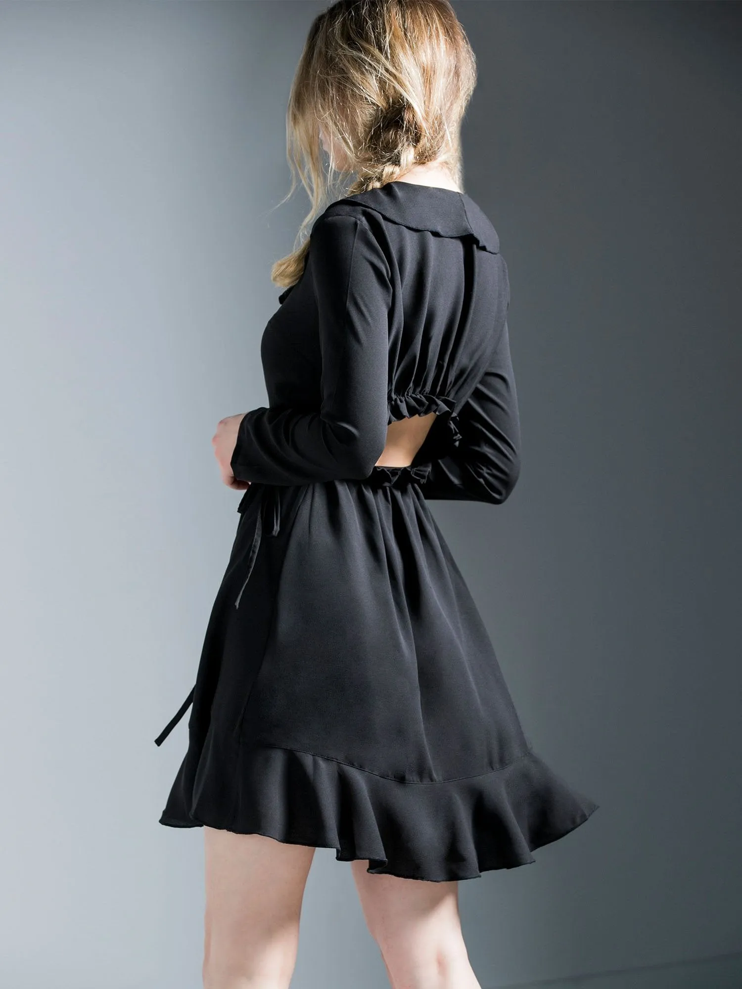 RUFFLED WRAP MINI DRESS, BLACK