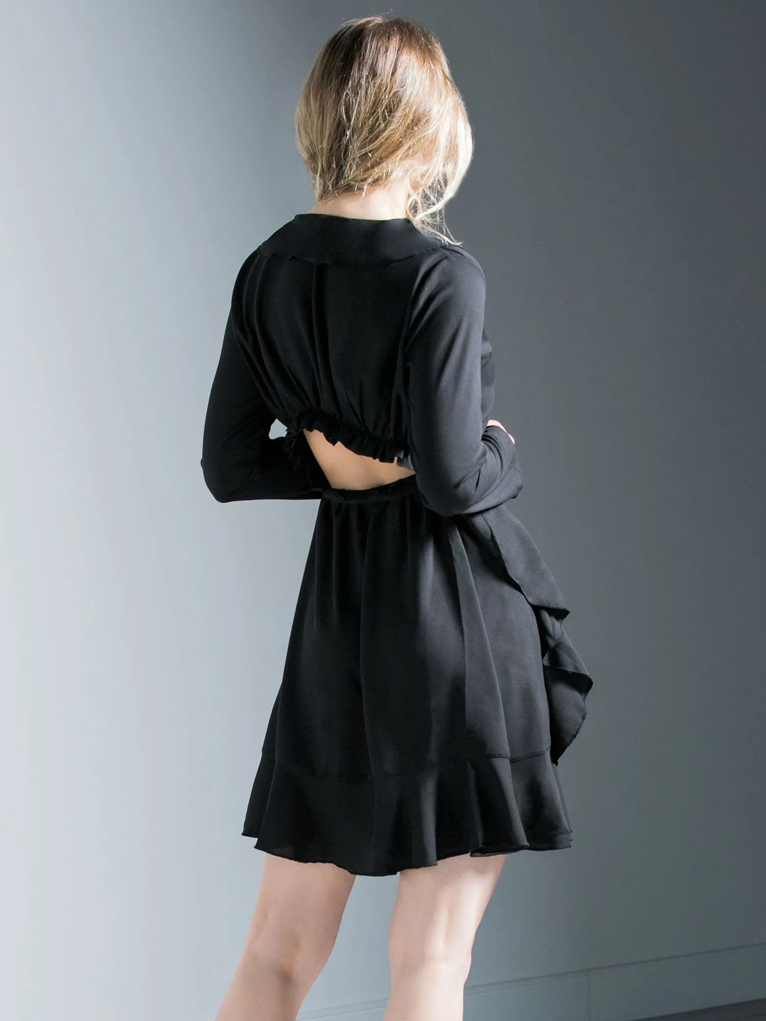 RUFFLED WRAP MINI DRESS, BLACK