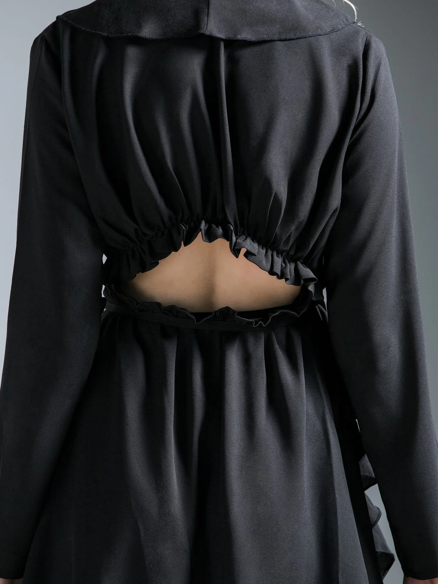 RUFFLED WRAP MINI DRESS, BLACK