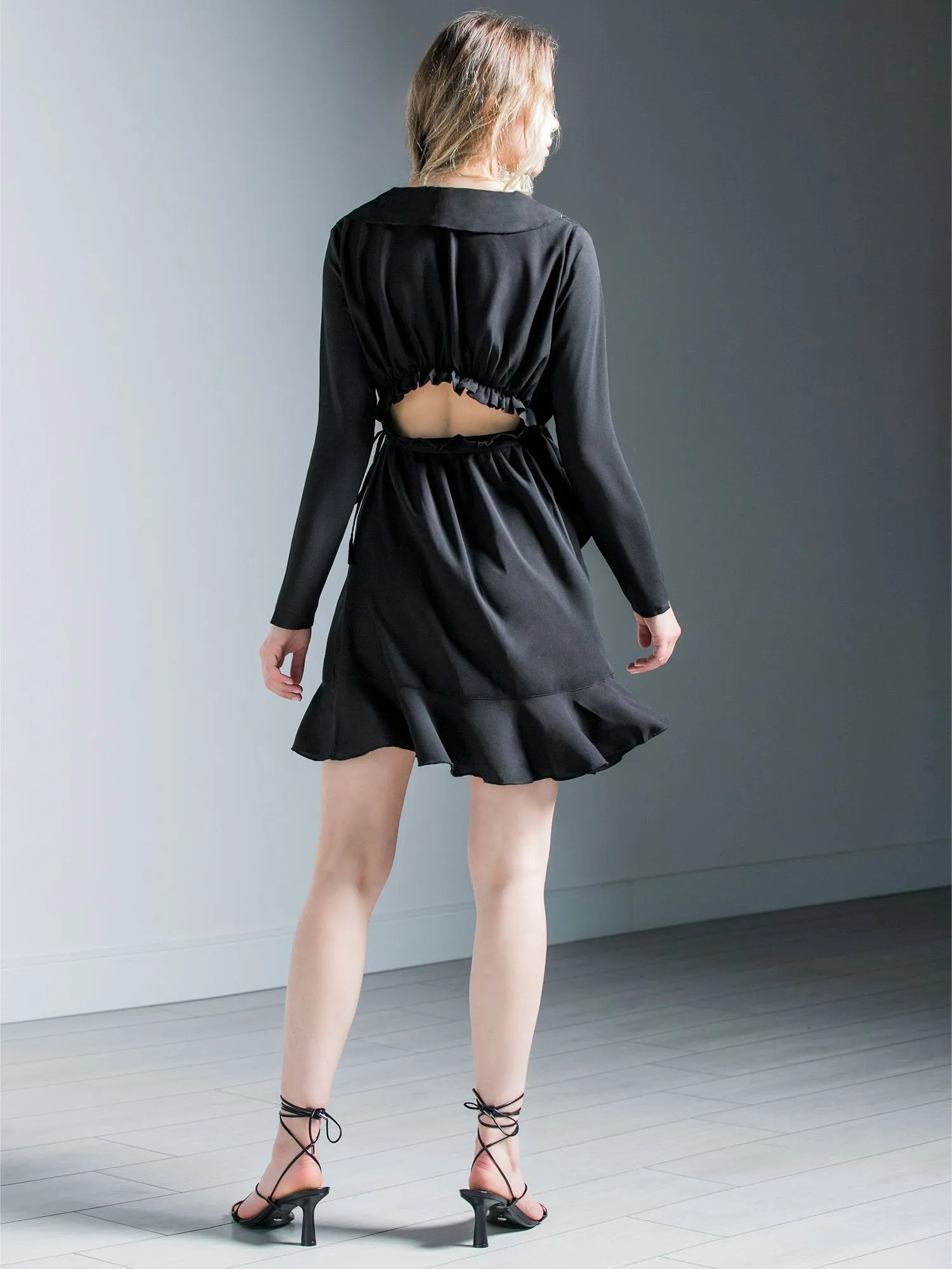 RUFFLED WRAP MINI DRESS, BLACK