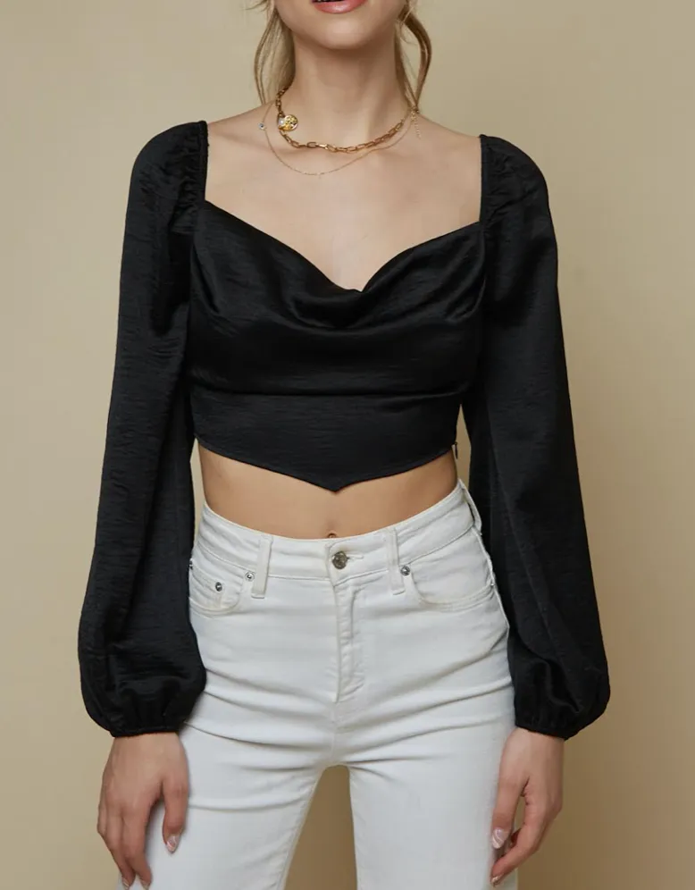 Satin Long Sleeve Cowl Neck Handkerchief Hem Crop Top