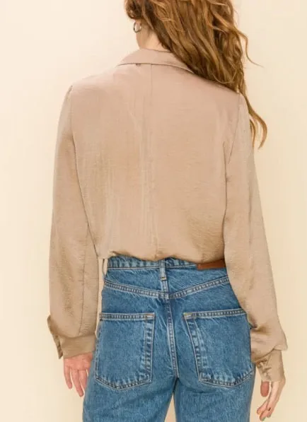 Satin Tie Collar Long Sleeve Crop Top