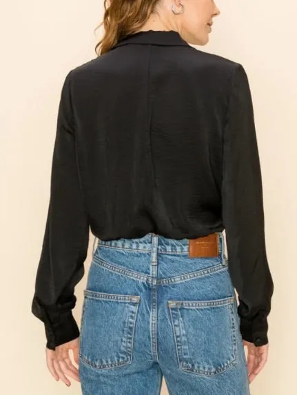 Satin Tie Collar Long Sleeve Crop Top