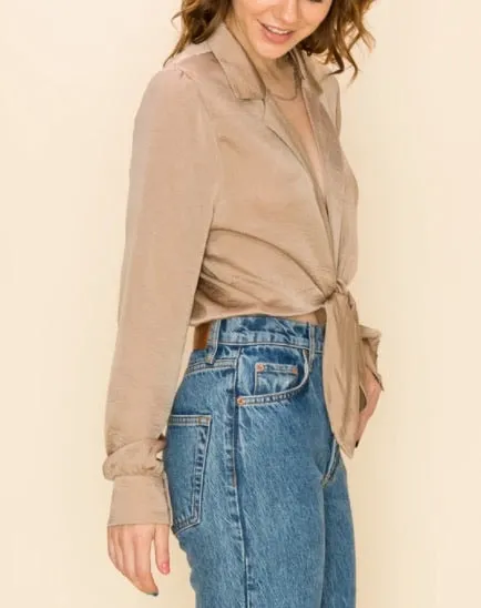 Satin Tie Collar Long Sleeve Crop Top