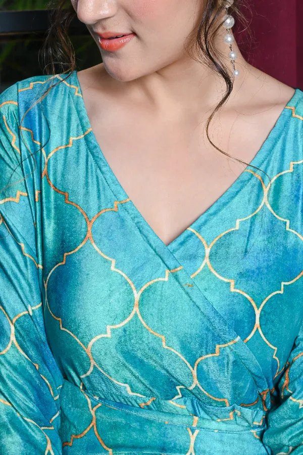 Sea Blue Moroccan Geometric Print Velvet Wrap On Dress