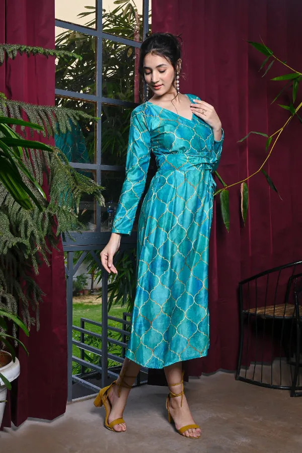 Sea Blue Moroccan Geometric Print Velvet Wrap On Dress