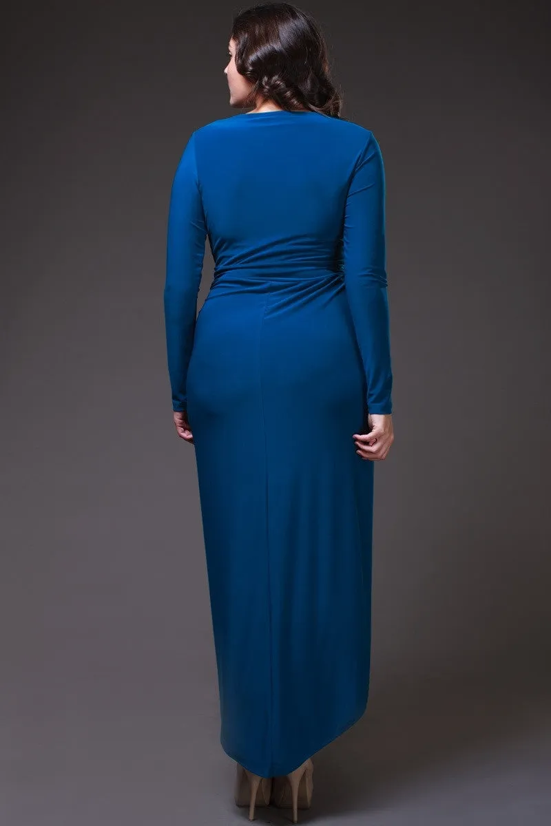 Sexy High Low Teal Blue Maxi Dress Deep Surplice Neck Long Sleeves