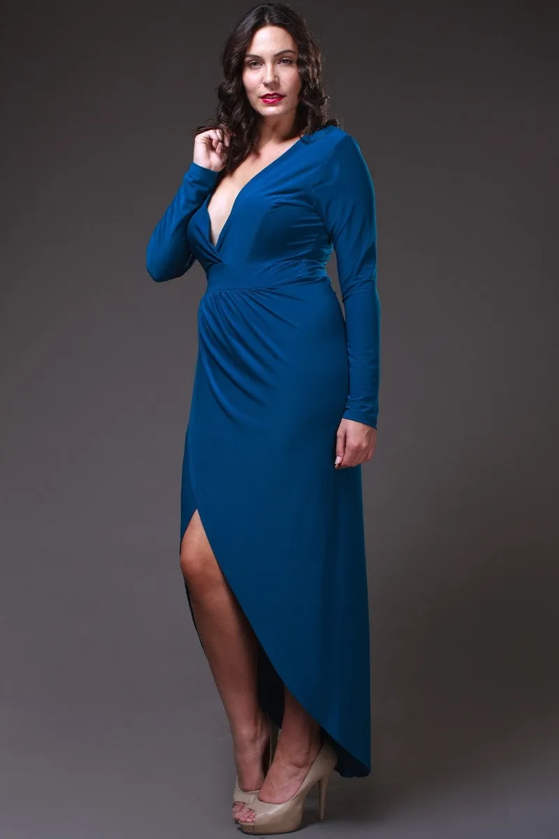 Sexy High Low Teal Blue Maxi Dress Deep Surplice Neck Long Sleeves