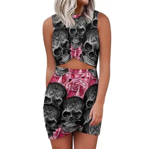 Show off Your Bad-Girl Confidence With This Stylish Women's Black Skull Pink Roses Navel-Baring Dress