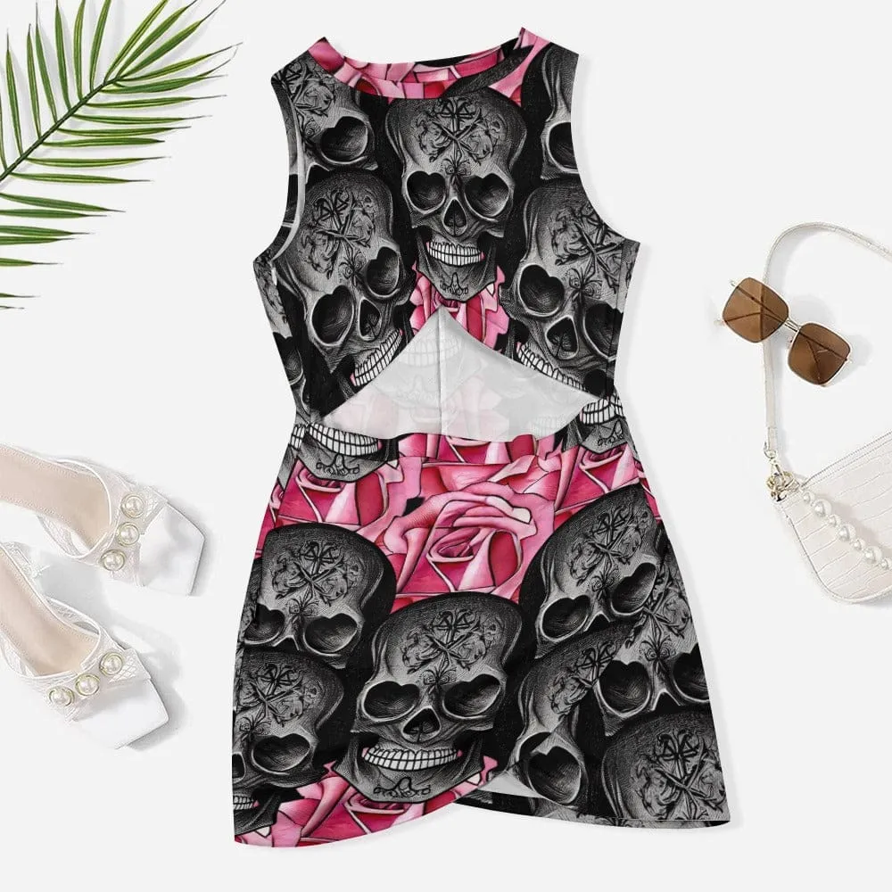 Show off Your Bad-Girl Confidence With This Stylish Women's Black Skull Pink Roses Navel-Baring Dress