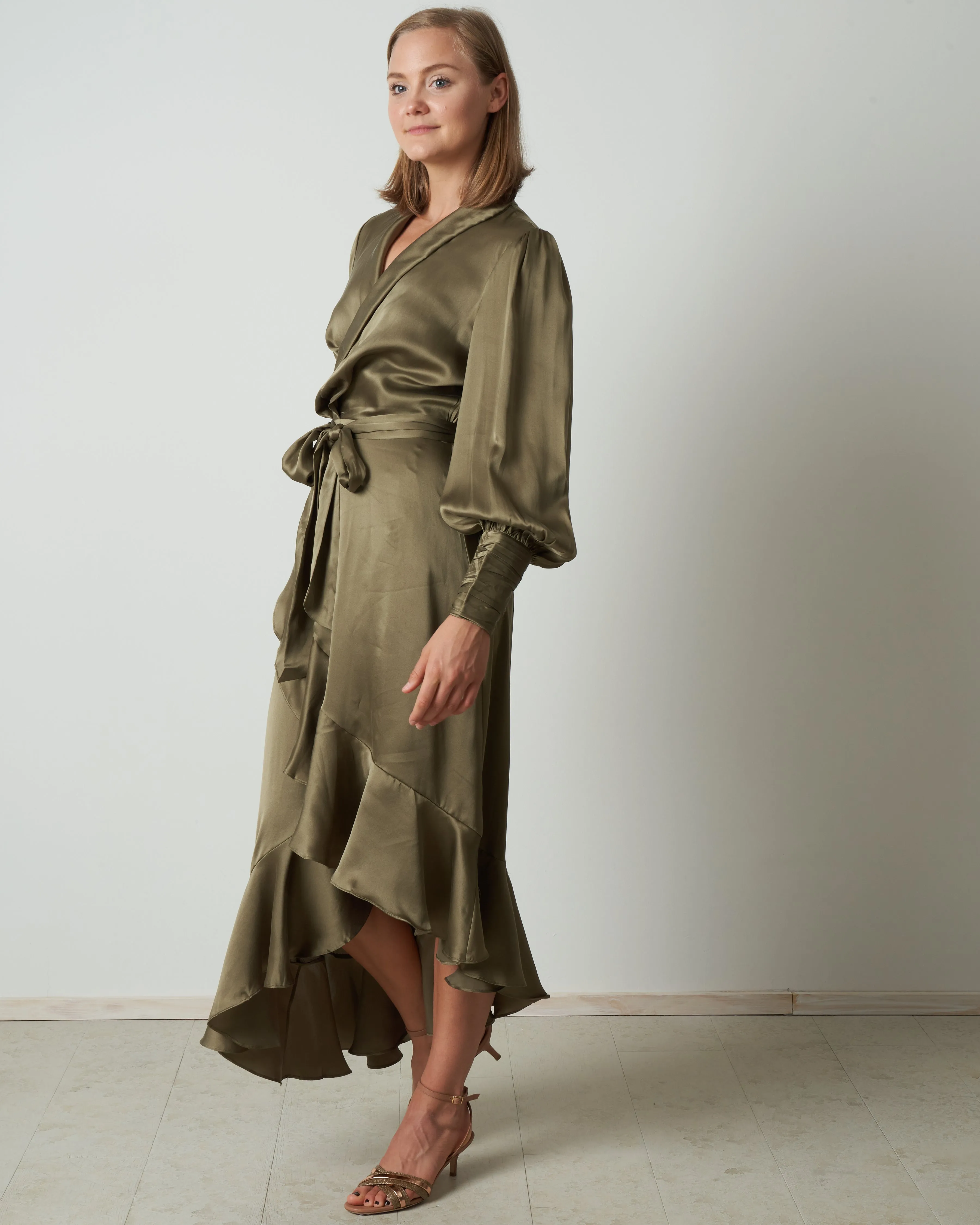 silk wrap midi dress - fennel