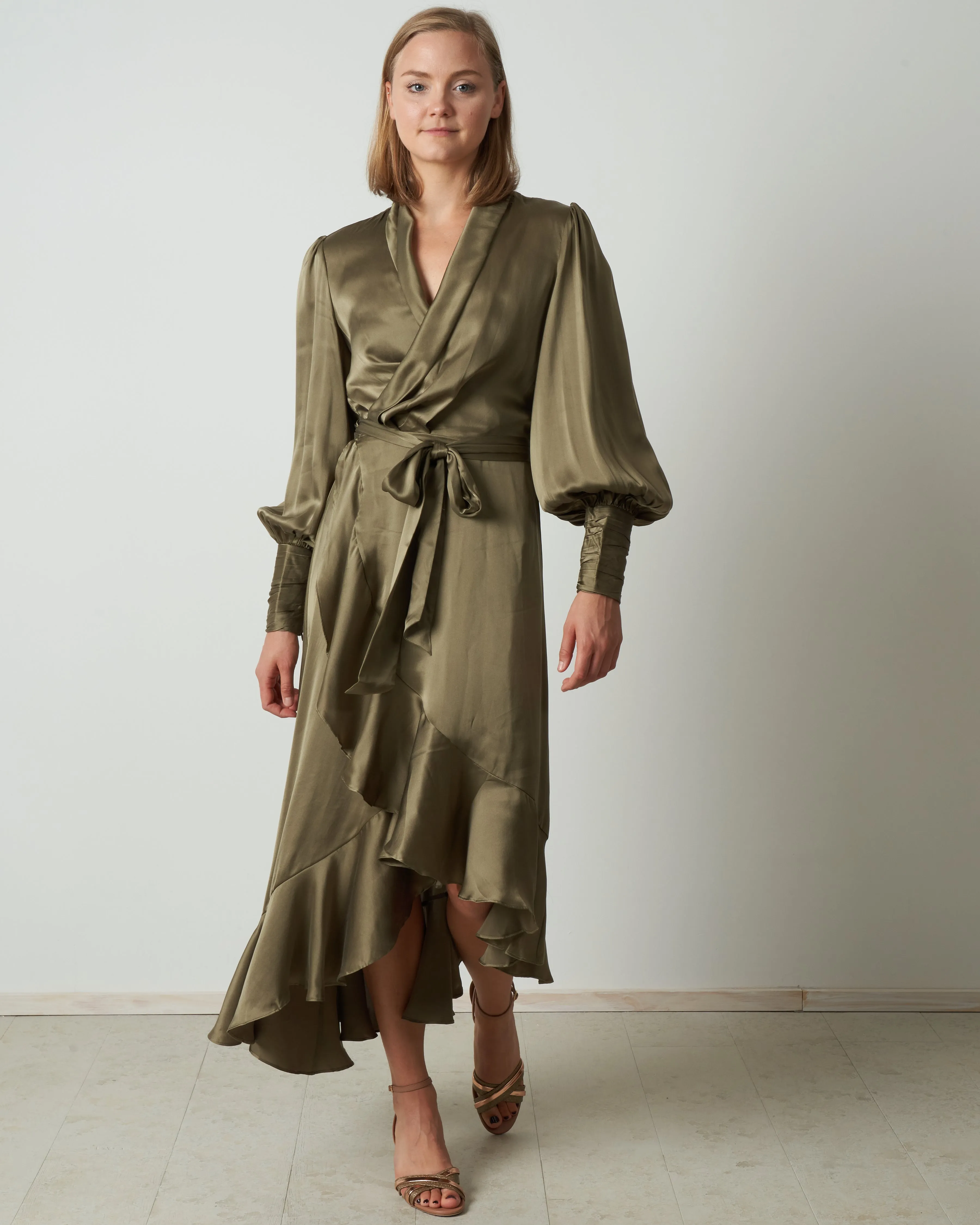 silk wrap midi dress - fennel