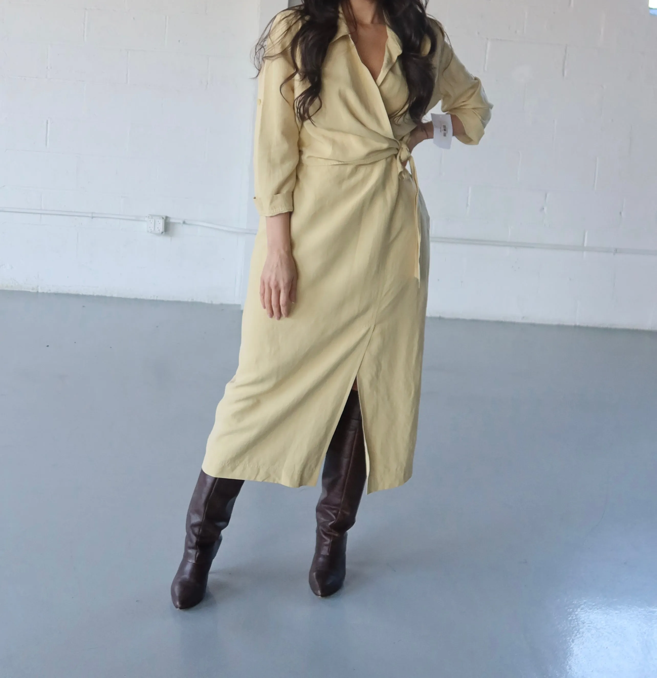 SILK/LINEN CREAM SHORT SLEEVE WRAP BUST DRESS - SIZE M/L