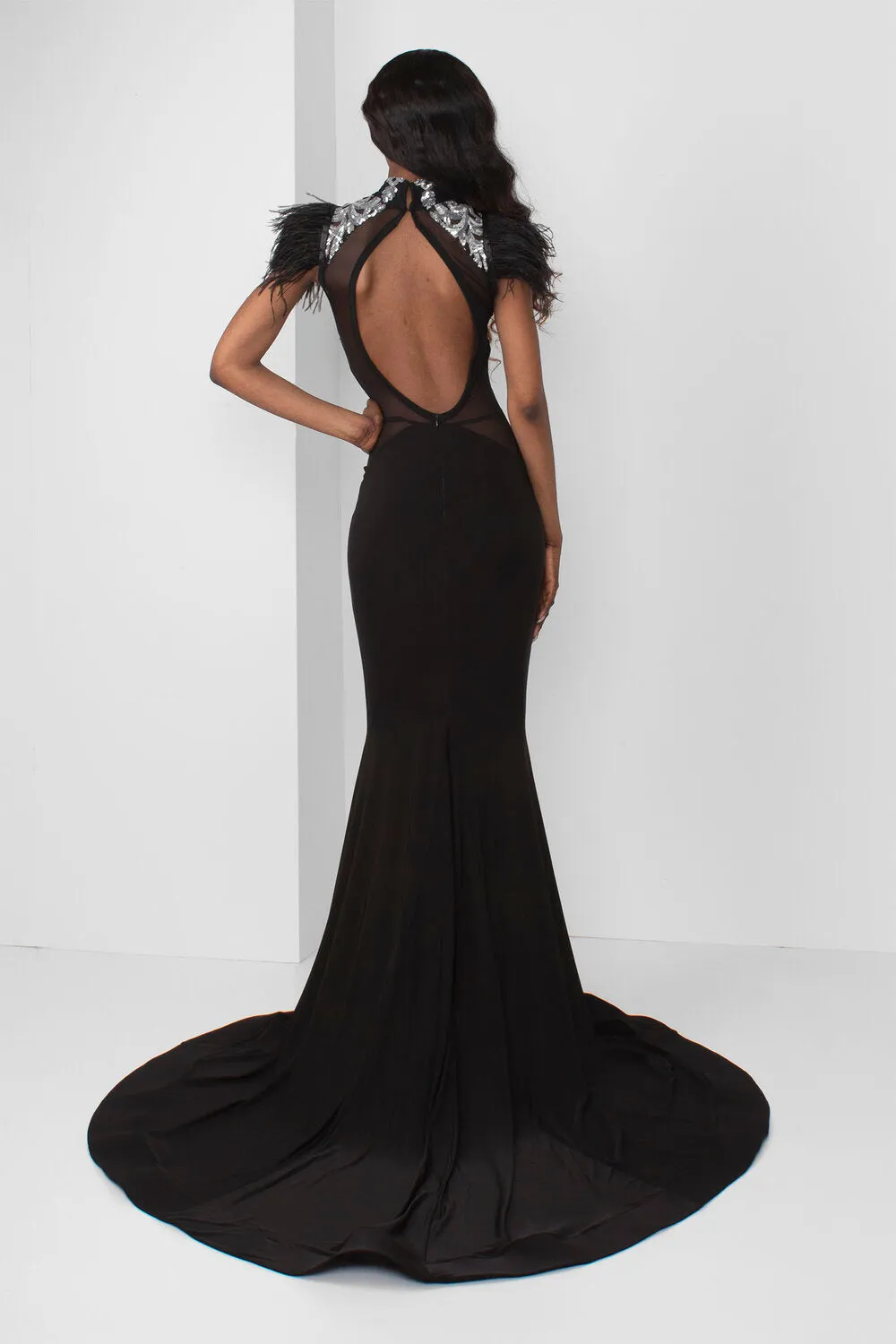Silver Sequin Sweetheart Illusion Gown (Black)
