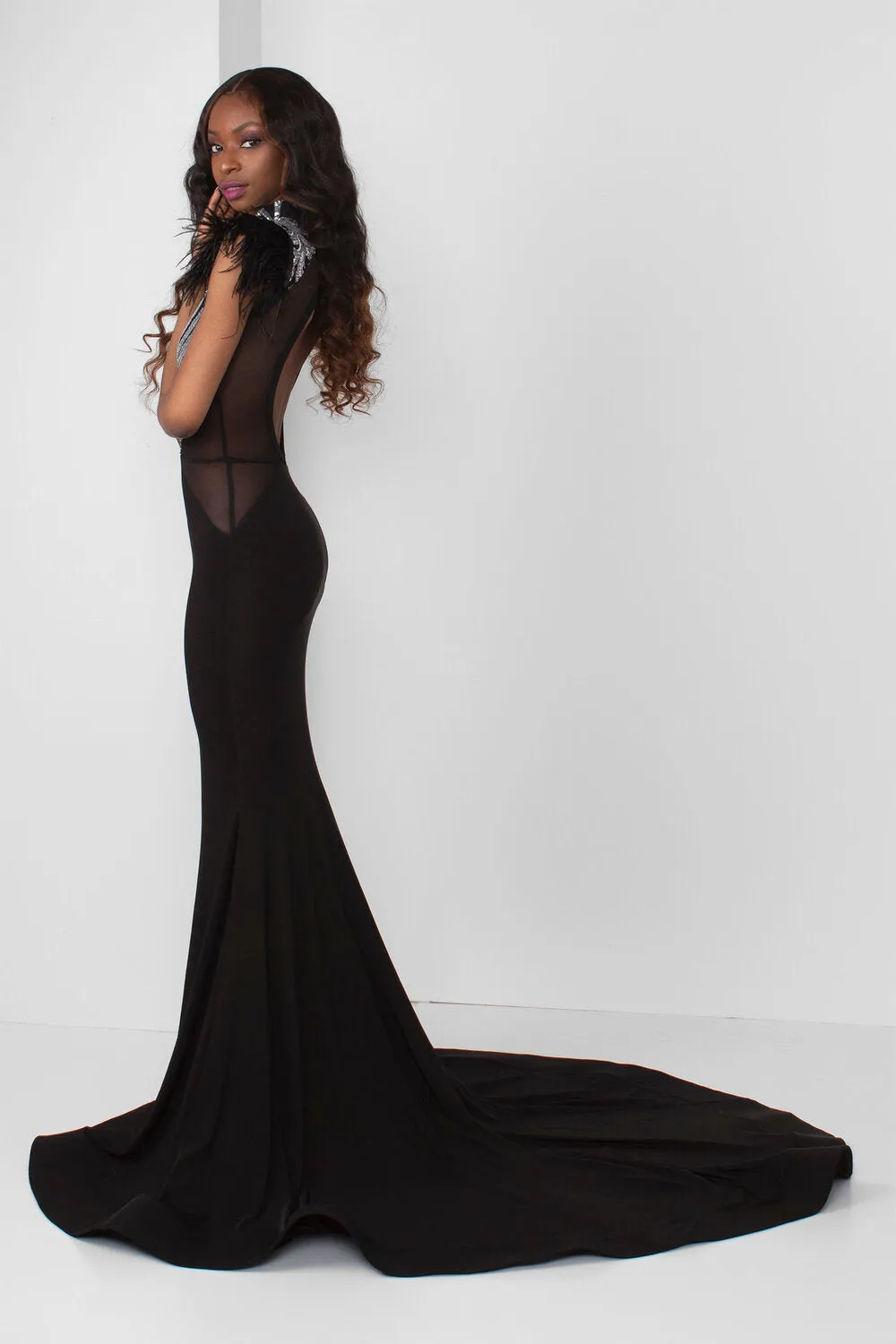 Silver Sequin Sweetheart Illusion Gown (Black)