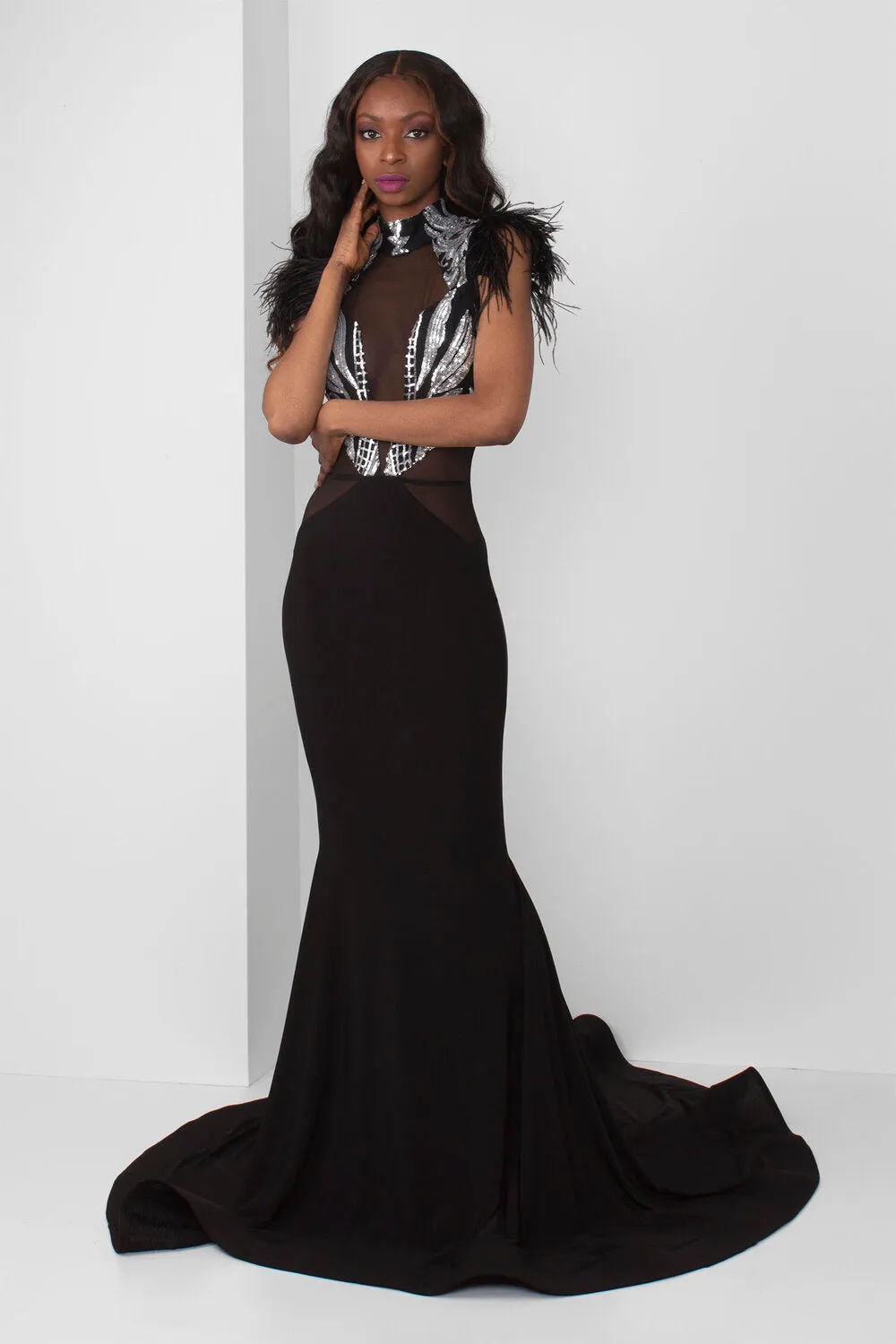 Silver Sequin Sweetheart Illusion Gown (Black)