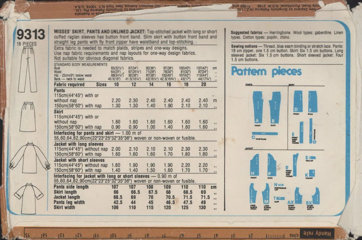 Simplicity 9313 Misses' Slim Skirt, Unlined Raglan Sleeve Jacket and Straight Leg Pants, Uncut, Factory Folded Sewing Pattern Size 10