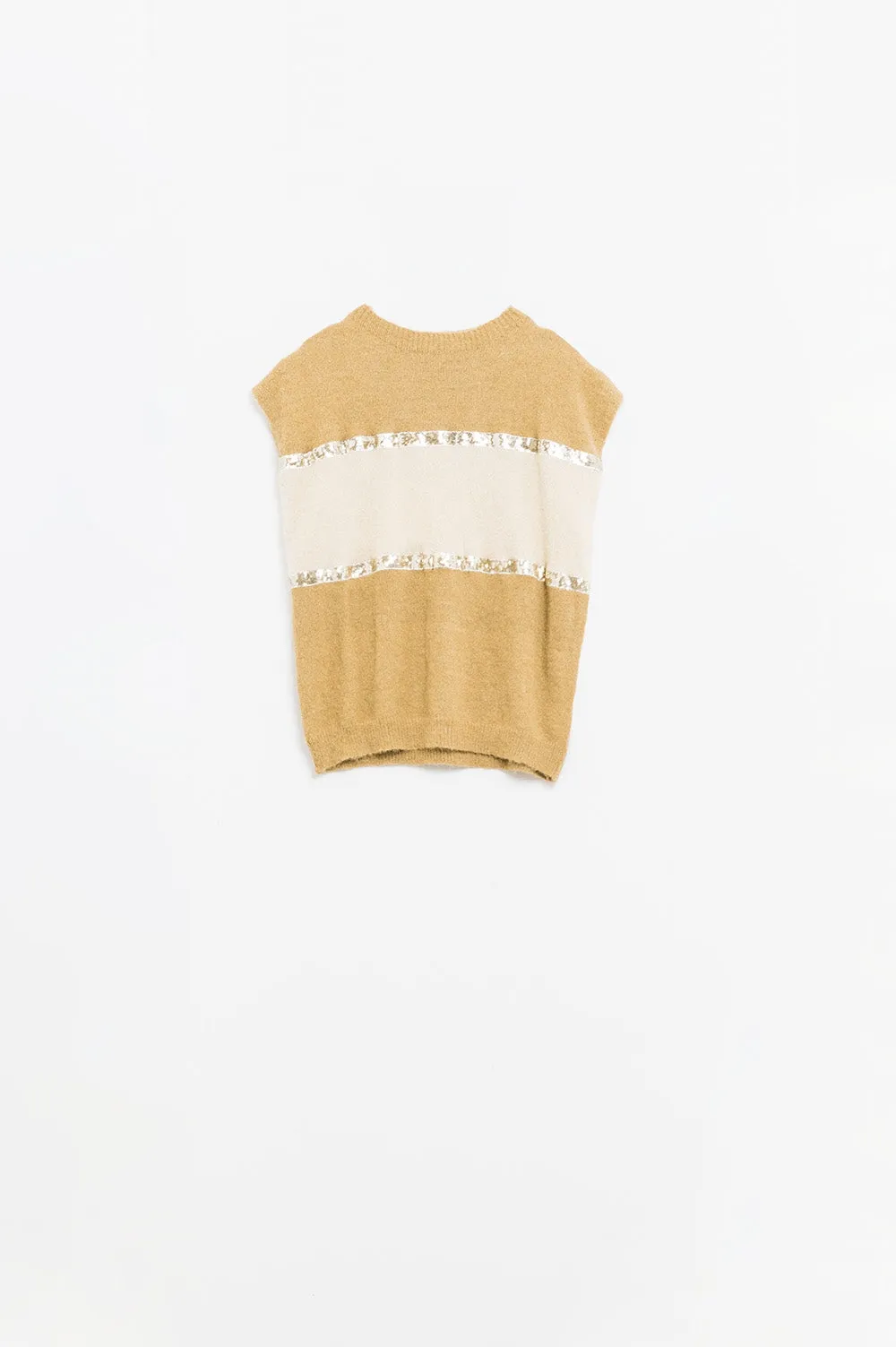 Sleeveless beige sweater with sequin detail