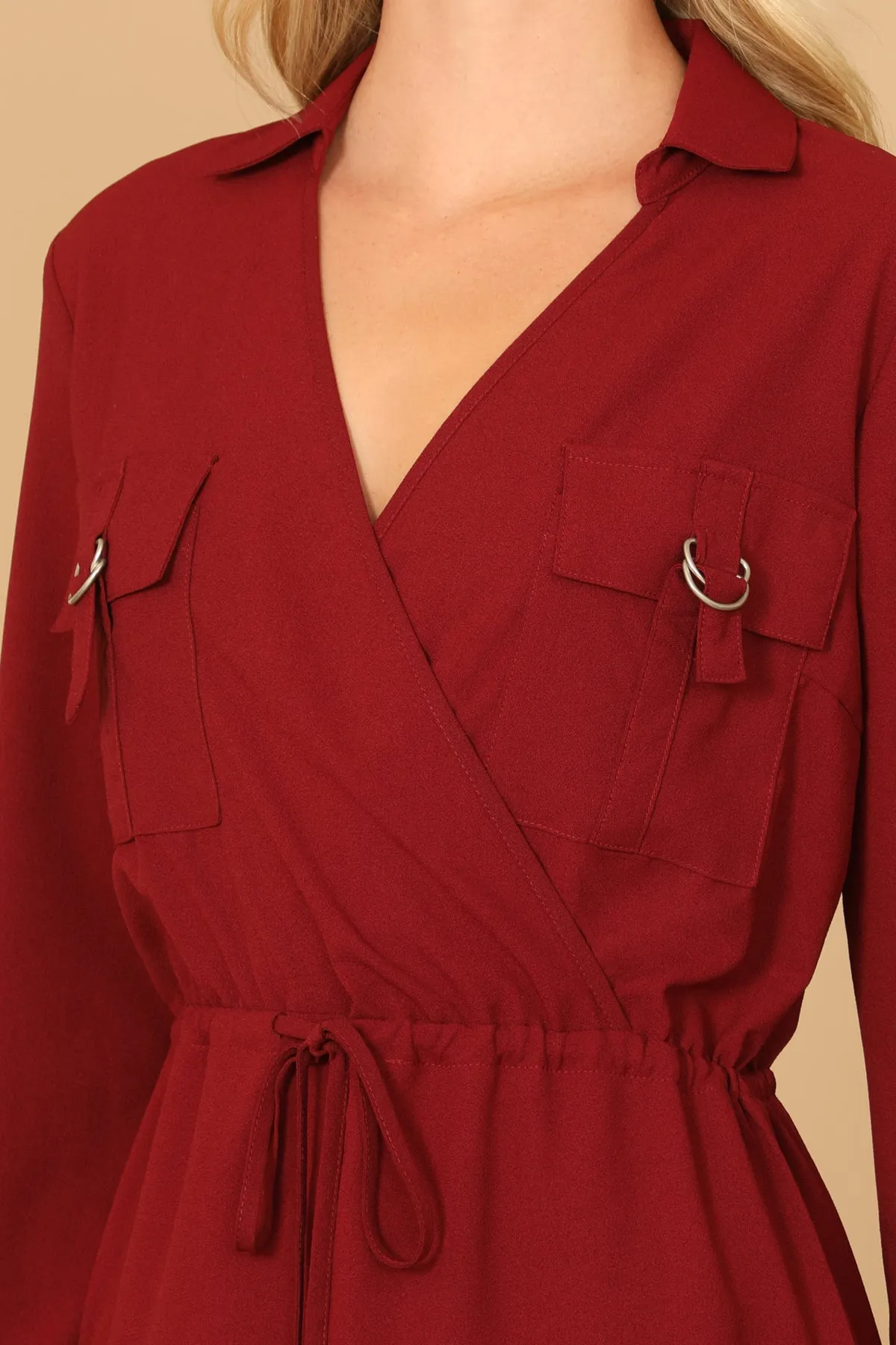 SOLID LONG SLEEVE ELASTIC WAIST WRAP MINI DRESS