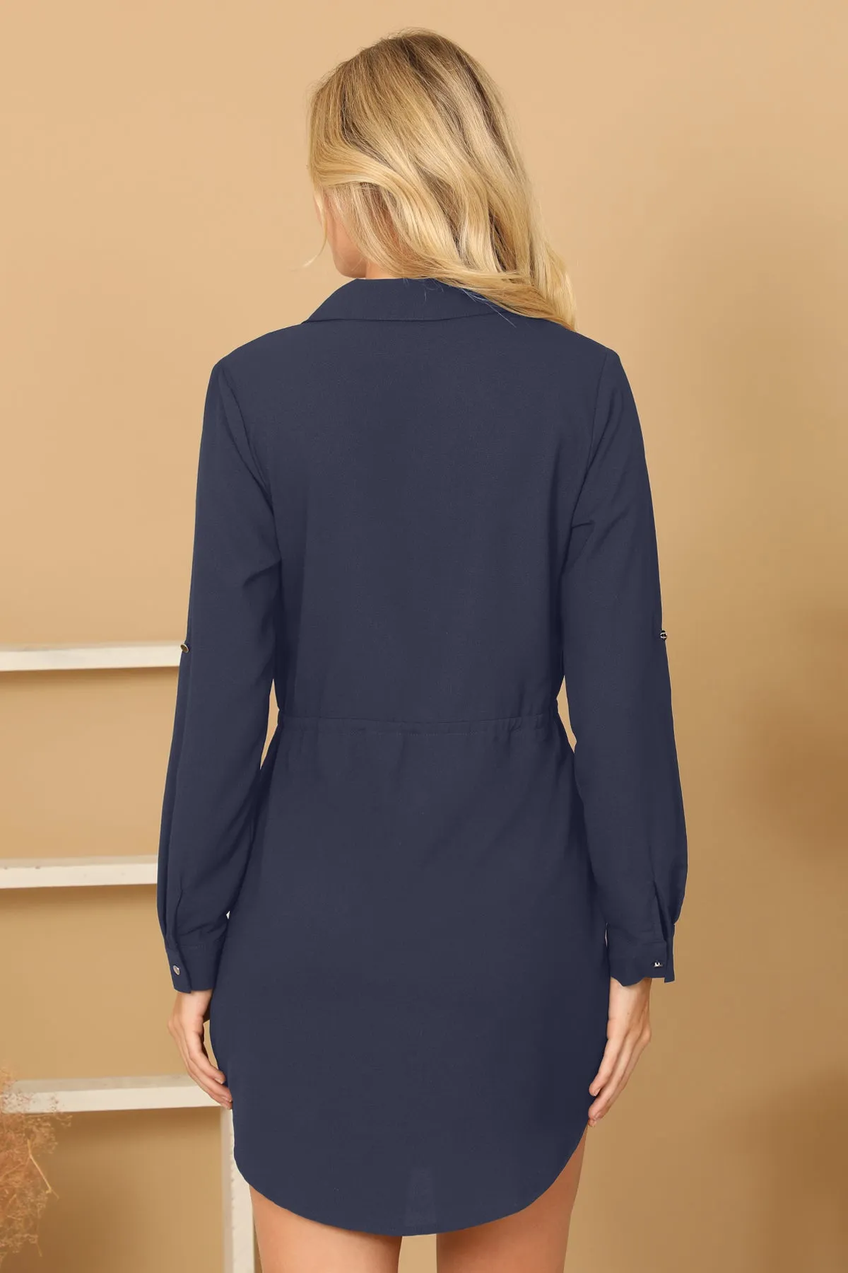 SOLID LONG SLEEVE ELASTIC WAIST WRAP MINI DRESS