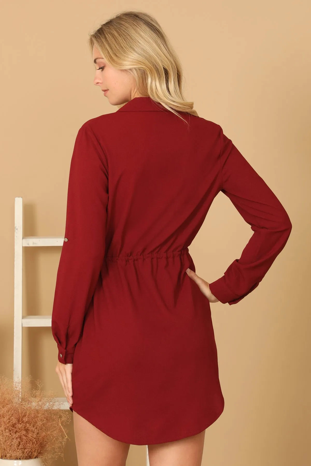 SOLID LONG SLEEVE ELASTIC WAIST WRAP MINI DRESS