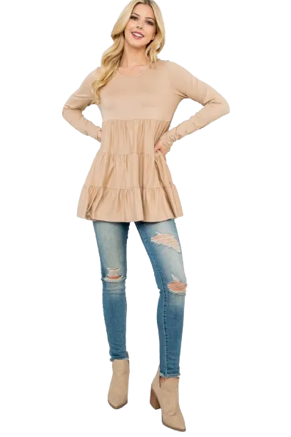 Solid Long Sleeve Tiered Top Taupe - Pack of 4