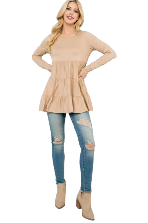 Solid Long Sleeve Tiered Top Taupe - Pack of 4
