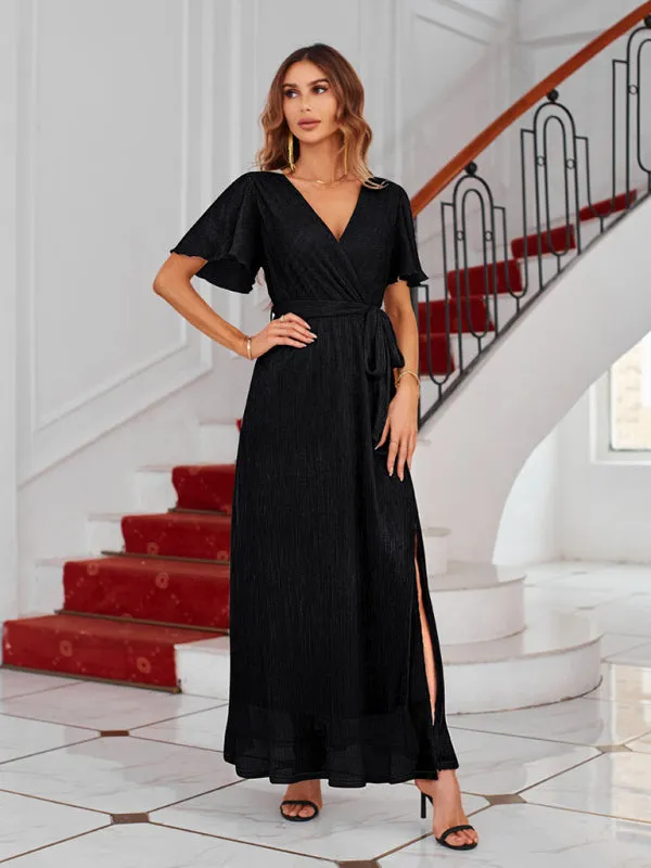 Sparkling V-Neck Maxi Dress with Wrap and Strappy Design