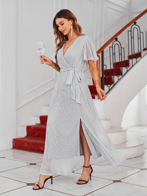 Sparkling V-Neck Maxi Dress with Wrap and Strappy Design