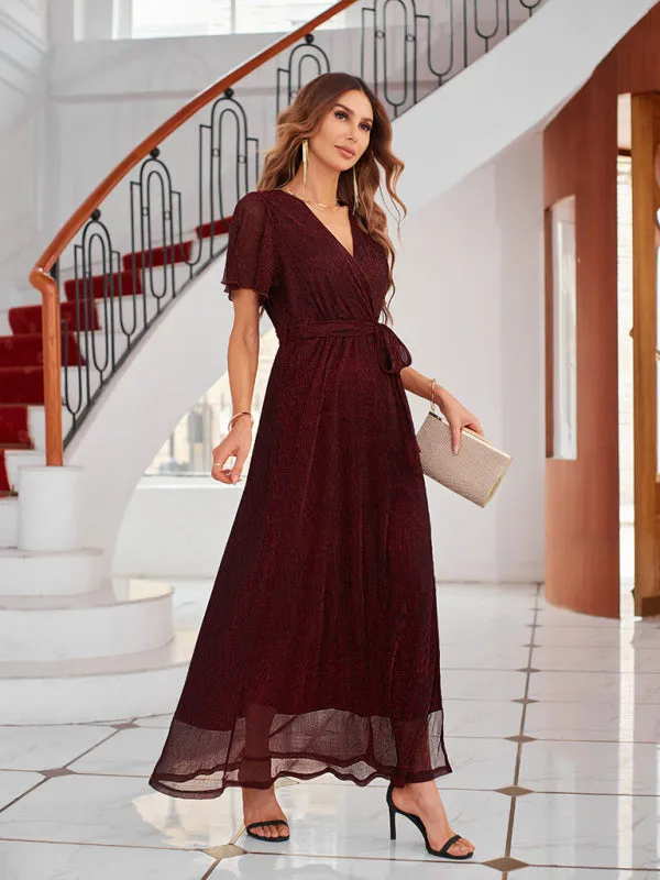 Sparkling V-Neck Maxi Dress with Wrap and Strappy Design