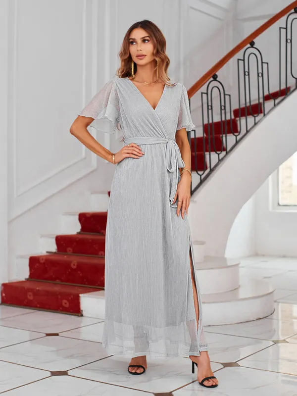 Sparkling V-Neck Maxi Dress with Wrap and Strappy Design