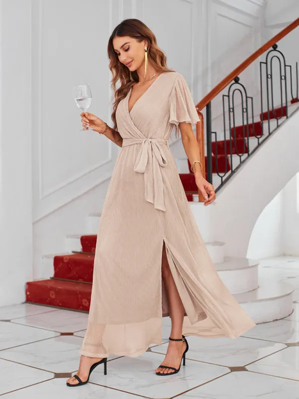 Sparkling V-Neck Maxi Dress with Wrap and Strappy Design