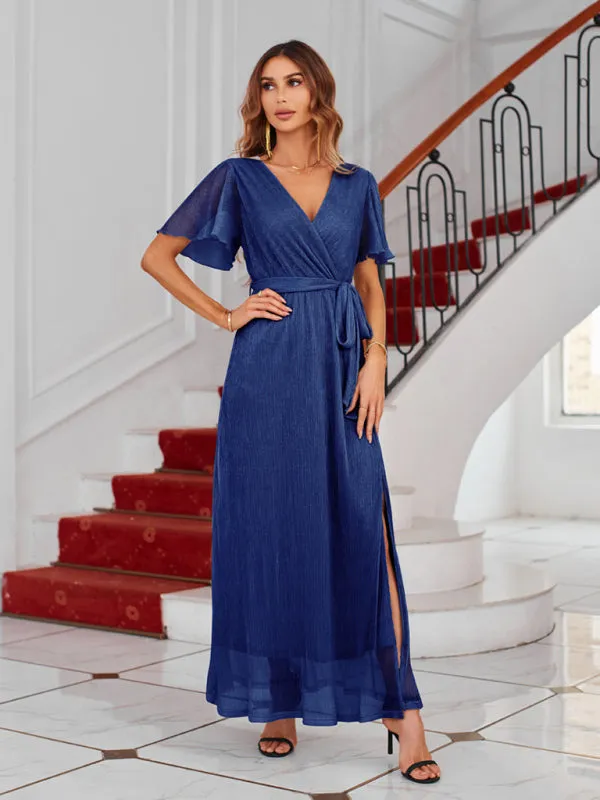 Sparkling V-Neck Maxi Dress with Wrap and Strappy Design