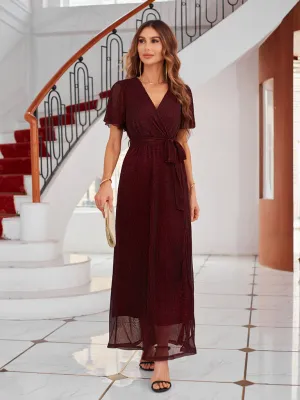 Sparkling V-Neck Maxi Dress with Wrap and Strappy Design