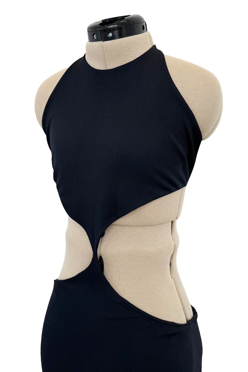 Spectacular Spring 1973 Halston Runway Side Cut Out Black Jersey Bias Cut Dress w Open Back