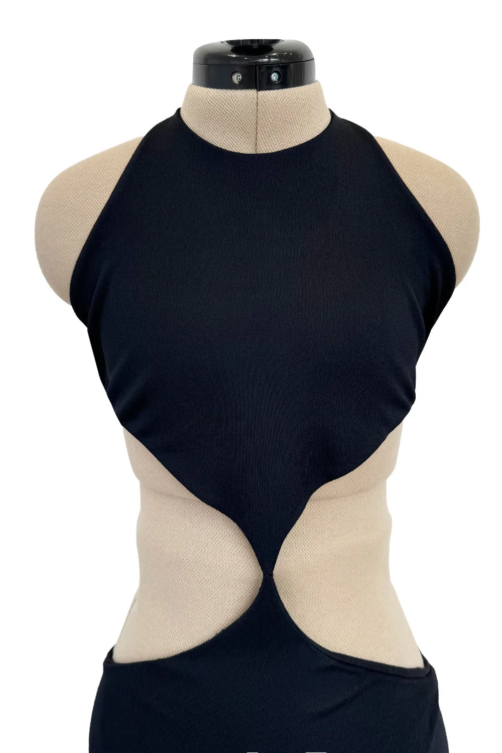 Spectacular Spring 1973 Halston Runway Side Cut Out Black Jersey Bias Cut Dress w Open Back