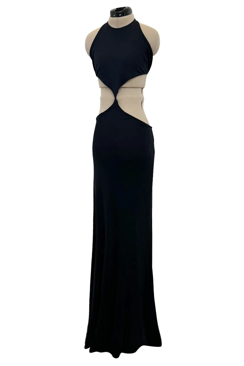 Spectacular Spring 1973 Halston Runway Side Cut Out Black Jersey Bias Cut Dress w Open Back