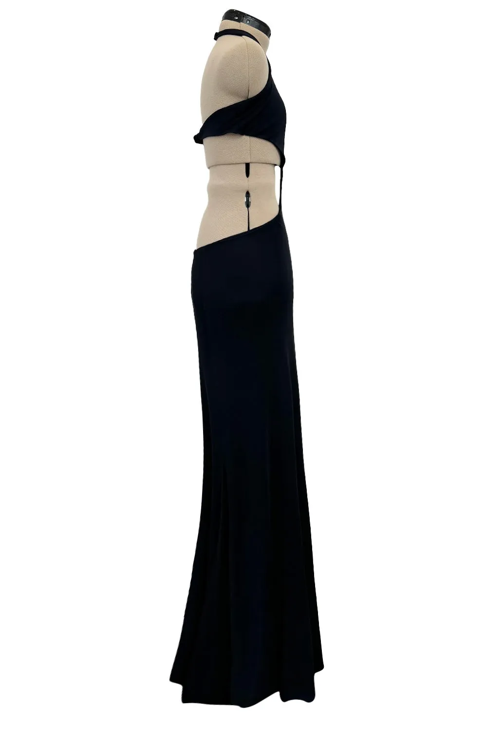 Spectacular Spring 1973 Halston Runway Side Cut Out Black Jersey Bias Cut Dress w Open Back