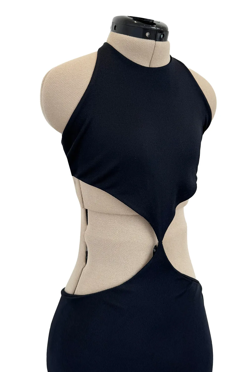 Spectacular Spring 1973 Halston Runway Side Cut Out Black Jersey Bias Cut Dress w Open Back