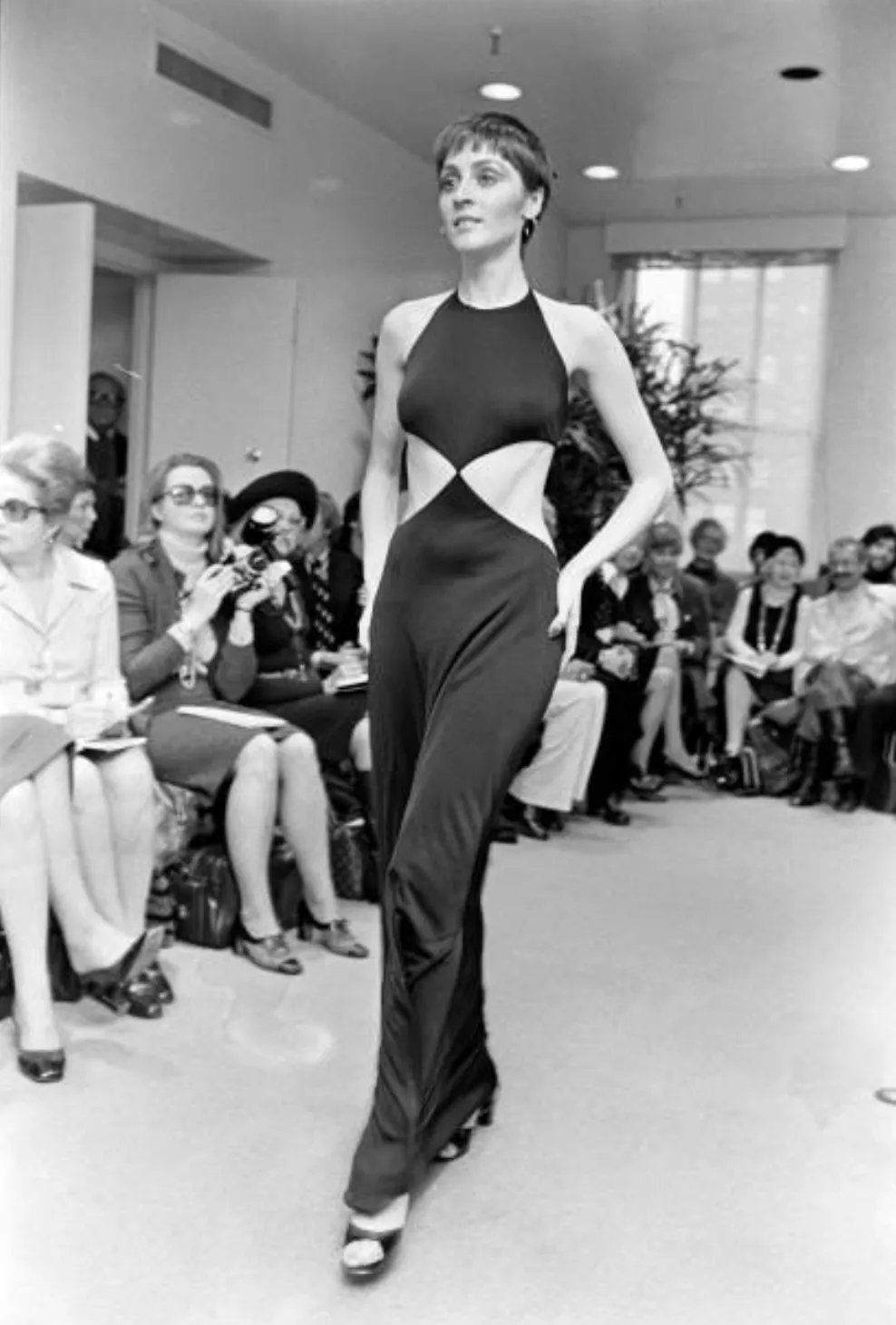 Spectacular Spring 1973 Halston Runway Side Cut Out Black Jersey Bias Cut Dress w Open Back