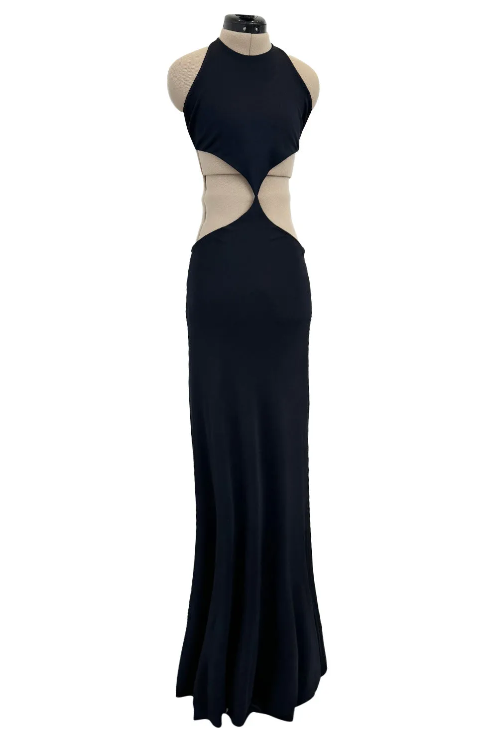 Spectacular Spring 1973 Halston Runway Side Cut Out Black Jersey Bias Cut Dress w Open Back