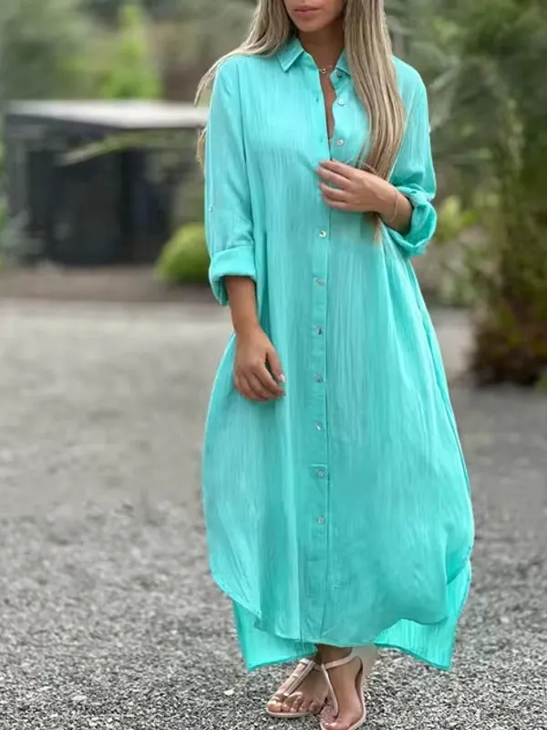 Spring Cotton Linen  Solid Pocket Oversize Shirt Dresses