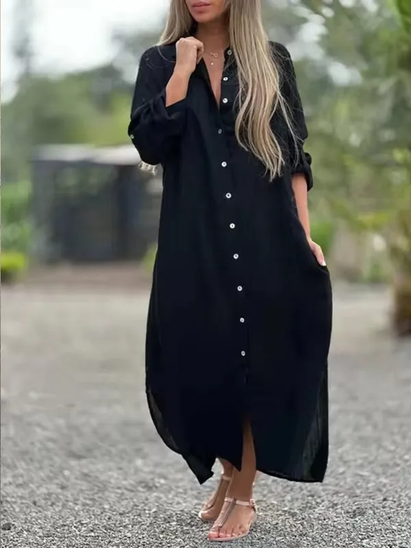 Spring Cotton Linen  Solid Pocket Oversize Shirt Dresses